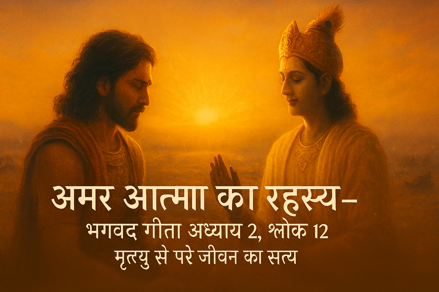 Lord Krishna and Arjuna on Kurukshetra at sunrise, symbolizing the immortality of the soul as taught in Bhagavad Gita Chapter 2 Shloka 12 — अमर आत्मा का रहस्य, मृत्यु से परे जीवन का सत्य