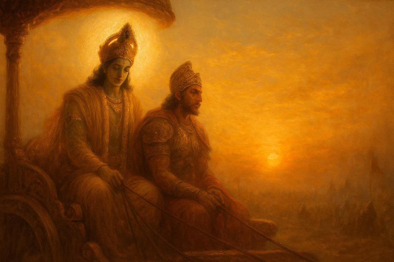 Lord Krishna and Arjuna on chariot during sunrise at Kurukshetra, symbolizing the immortality of the soul from Bhagavad Gita Chapter 2 Verse 13 — देहांतरण और आत्मा का शाश्वत सत्य.