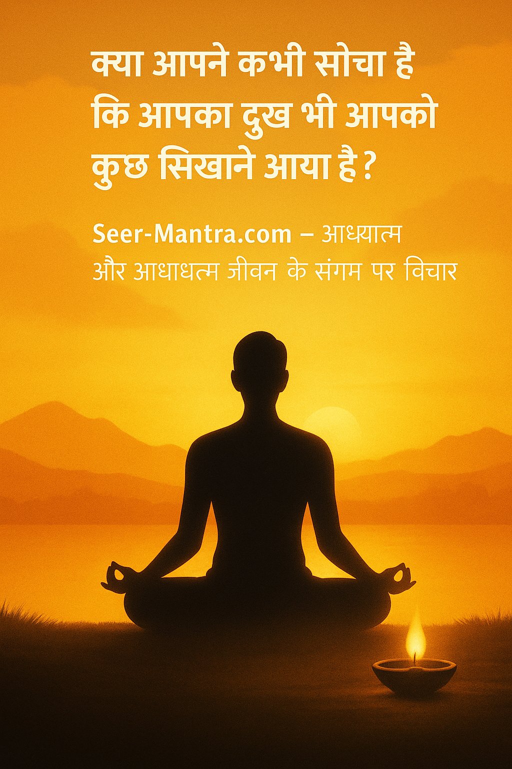 A spiritual digital illustration of a meditating human silhouette near a glowing river at sunrise, symbolizing Bhagavad Gita Chapter 2 Shloka 14 about awareness beyond pleasure and pain — featuring Krishna and Arjuna’s faint chariot in the background.