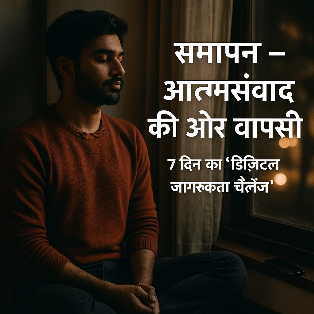 A serene person meditating before a glowing laptop screen, symbolizing digital mindfulness and self-reflection in the modern world, inspired by Bhagavad Gita teachings on awareness and balance.