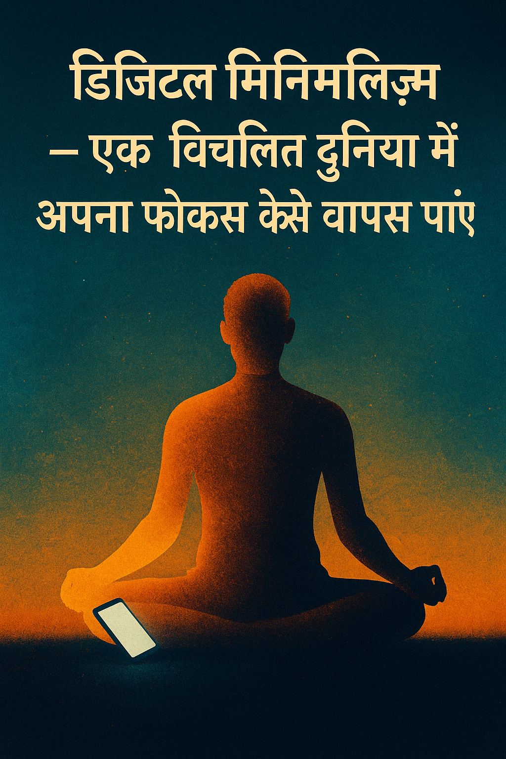 डिजिटल मिनिमलिज़्म फीचर इमेज जिसमें एक व्यक्ति मोबाइल स्क्रीन के सामने बैठा है और फोकस, स्क्रीन टाइम, डिजिटल डिटॉक्स और माइंडफुलनेस का प्रतीक दिखाया गया है — Digital Minimalism Hindi, Focus Improvement, Screen Time Control.