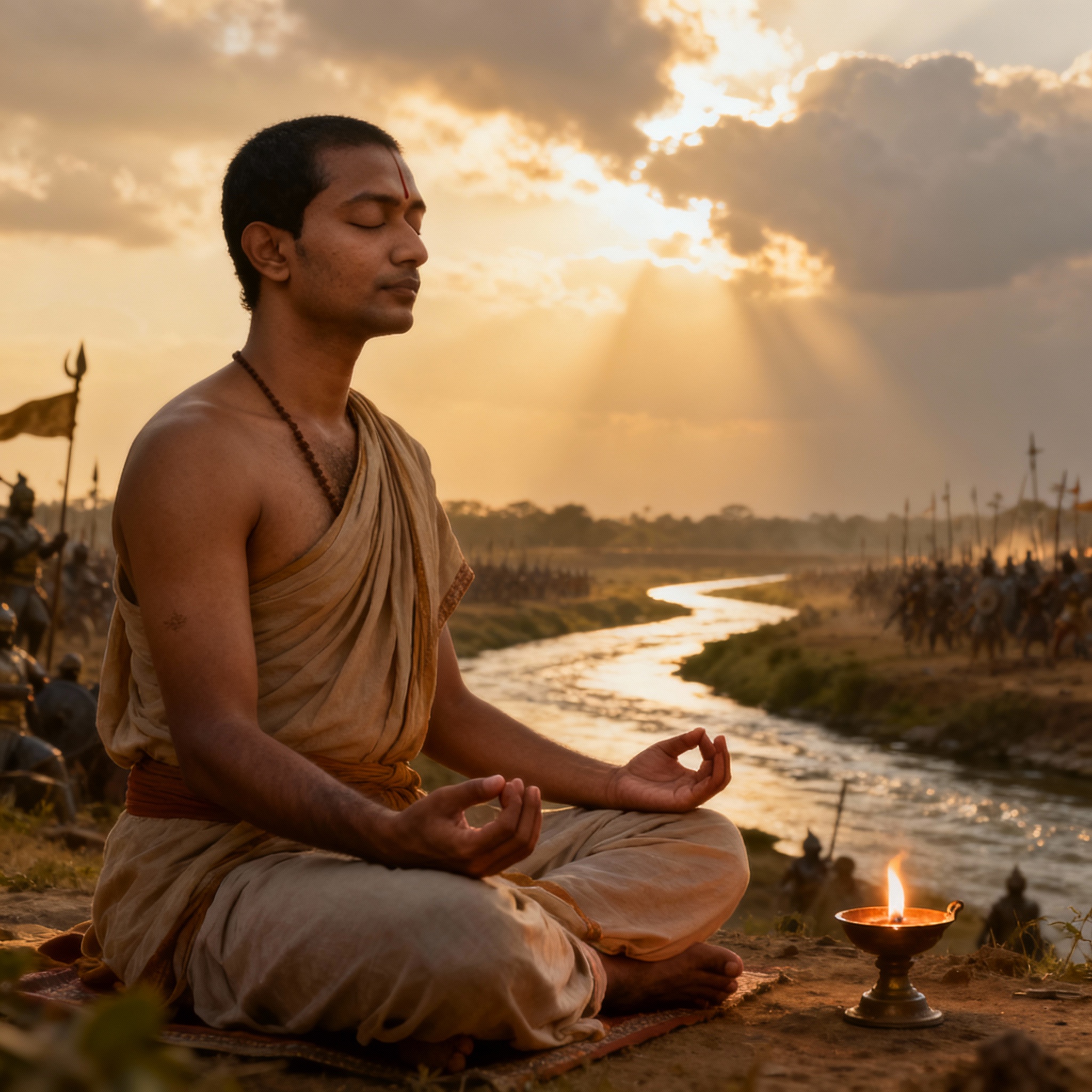ध्यानमग्न व्यक्ति के साथ कुरुक्षेत्र की पृष्ठभूमि में शांति और आध्यात्मिक स्थिरता का दृश्य
