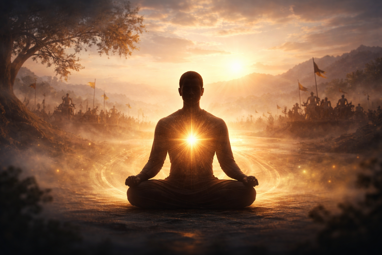 भगवद गीता अध्याय 2 श्लोक 17 का दृश्य – ध्यान में बैठा व्यक्ति जिसके हृदय से प्रकाश निकल रहा है, आत्मा की अमरता और आंतरिक चेतना का प्रतीक