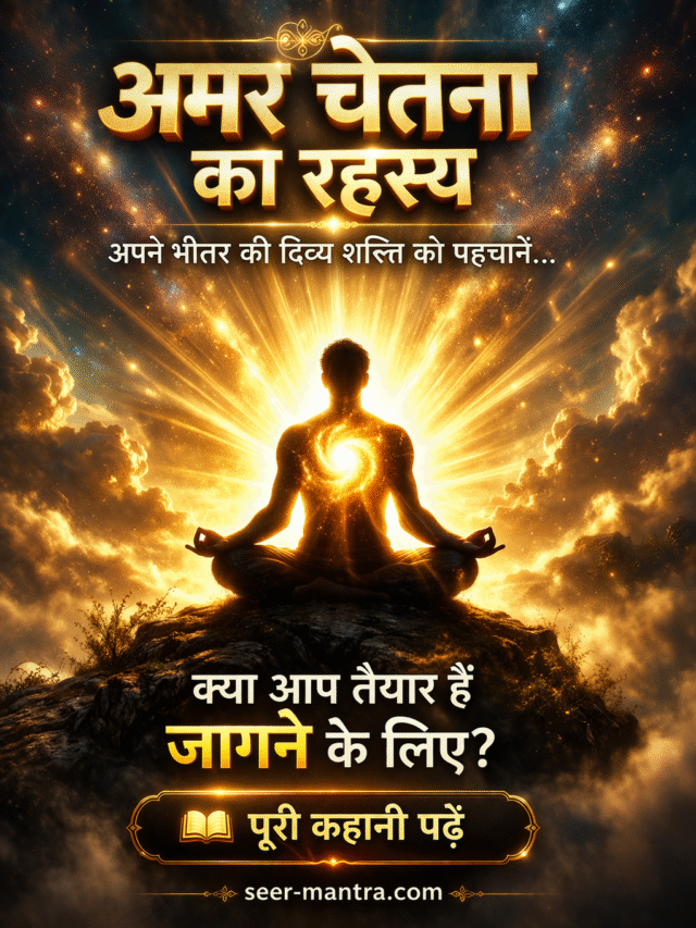 ध्यान में बैठा व्यक्ति जिसके हृदय से स्वर्णिम प्रकाश और ऊर्जा निकल रही है, जो अमर चेतना, आत्मज्ञान और आध्यात्मिक जागरण को दर्शाता है।