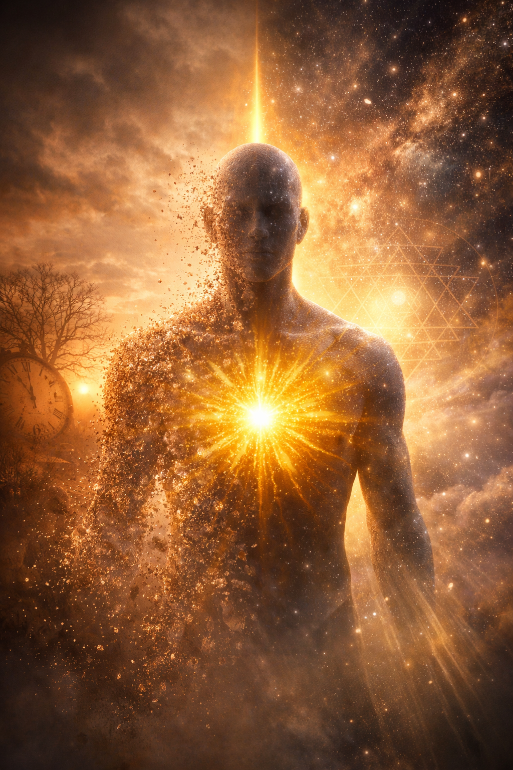 भगवद गीता अध्याय 2 श्लोक 18 के अनुसार आत्मा और शरीर का अंतर दर्शाती 3D आध्यात्मिक छवि, जिसमें शरीर प्रकाश में विलीन होता हुआ और आत्मा चमकती ऊर्जा के रूप में दिख रही है